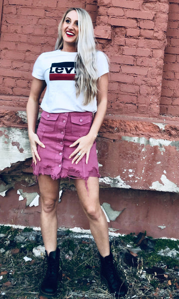 It's Complicated Pink Distressed Denim Skirt