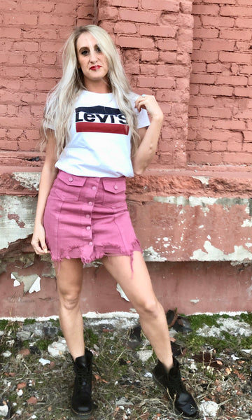 It's Complicated Pink Distressed Denim Skirt