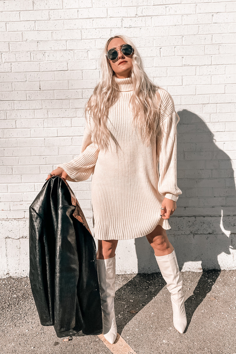 Brigitte Turtleneck Sweater Dress in Apricot Cream Brigitte Turtleneck Sweater Dress in Apricot Cream