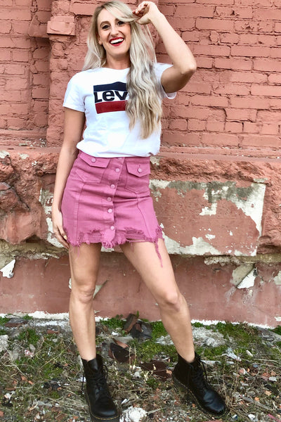 It s Complicated Pink Distressed Denim Skirt Denim Street