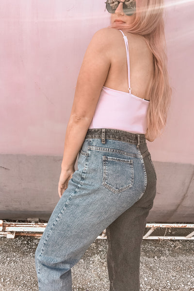 On Your Side Two Tone Mom Jeans