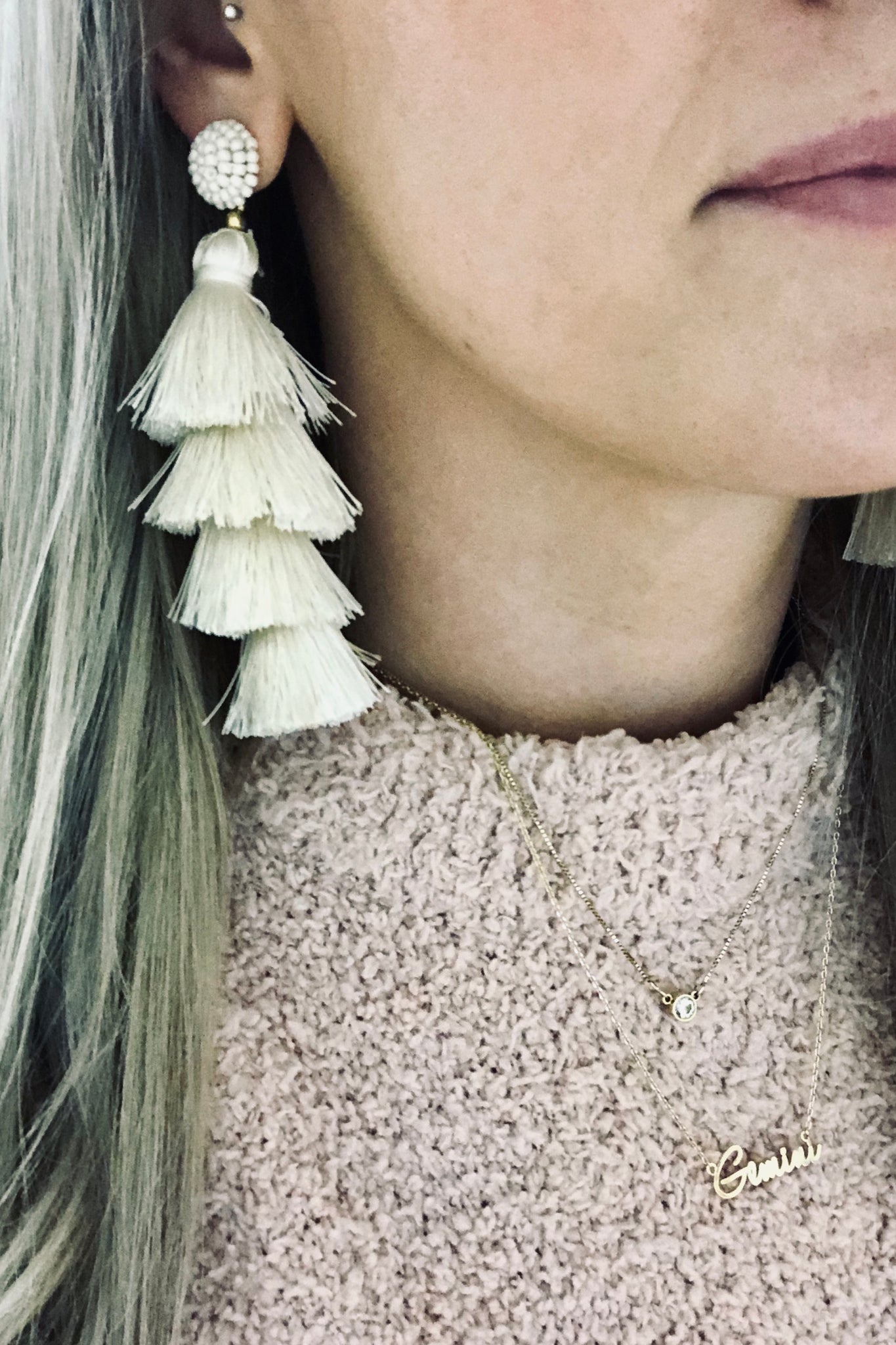 Beaded Tassel Earrings- Ivory - denim & street