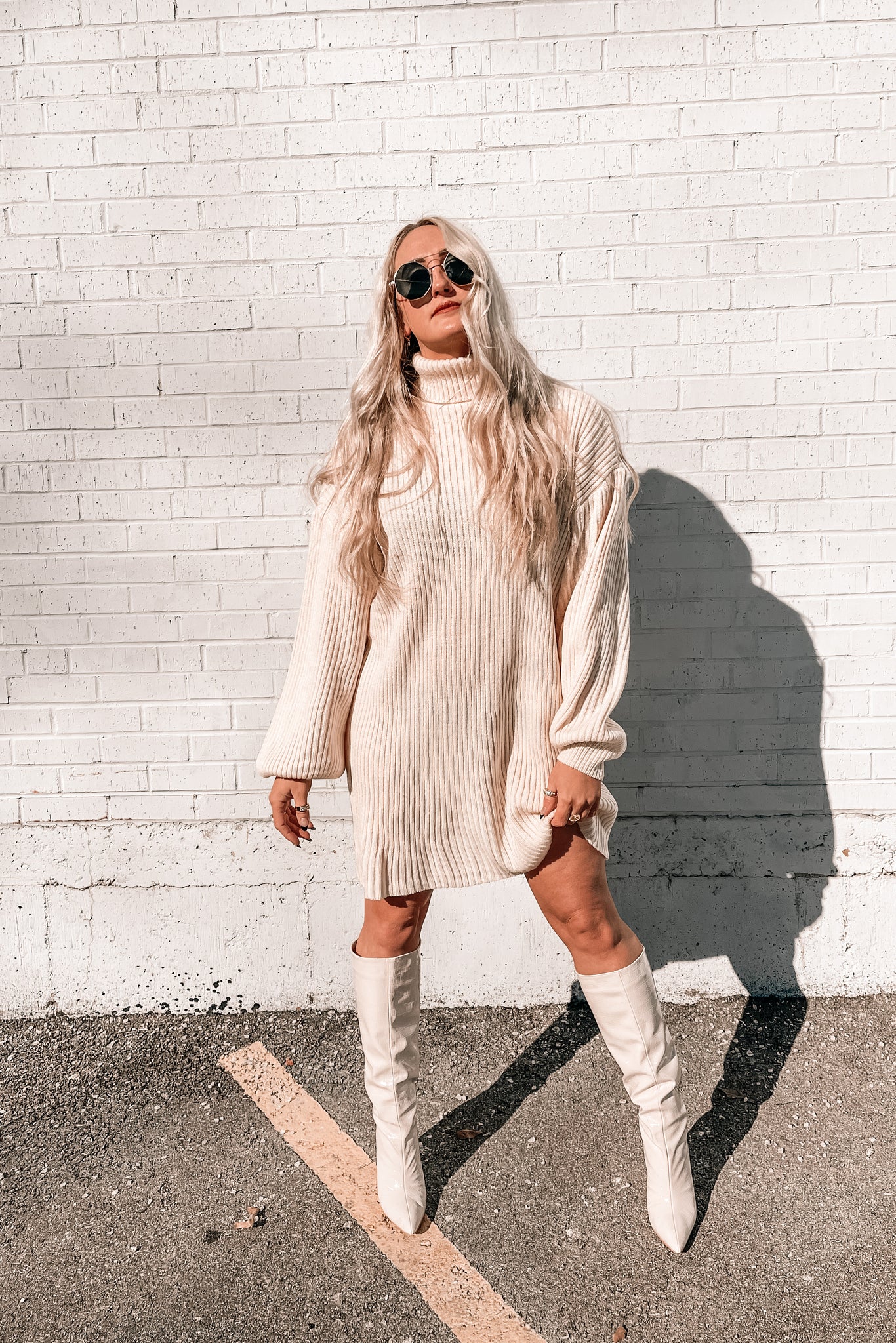 Brigitte Turtleneck Sweater Dress in Apricot Cream Denim & Street Brigitte Turtleneck Sweater Dress in Apricot Cream Denim & Street